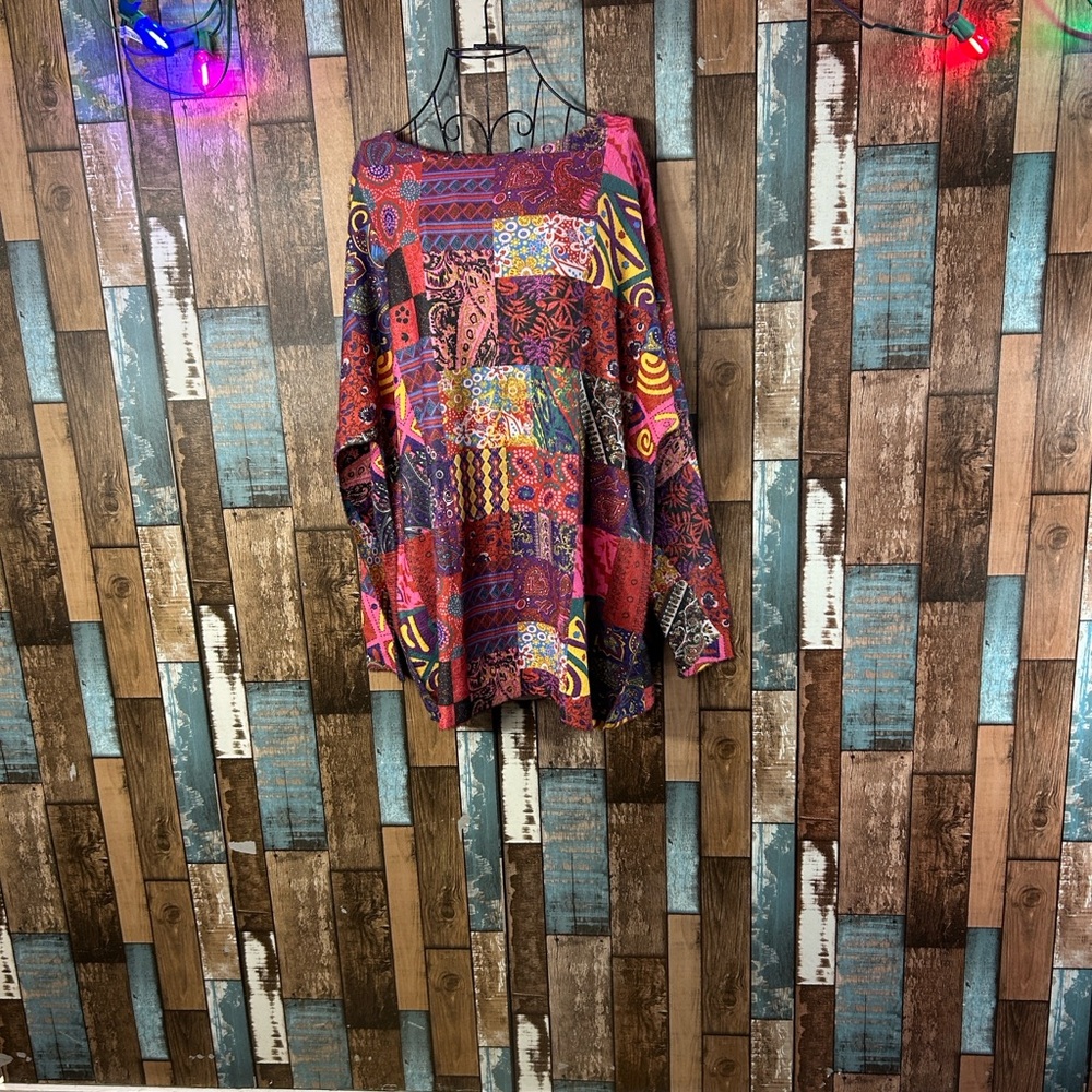 Bohemian artsy Colorful Patchwork Long Sleeve fuzzy Top - Picture 5 of 16